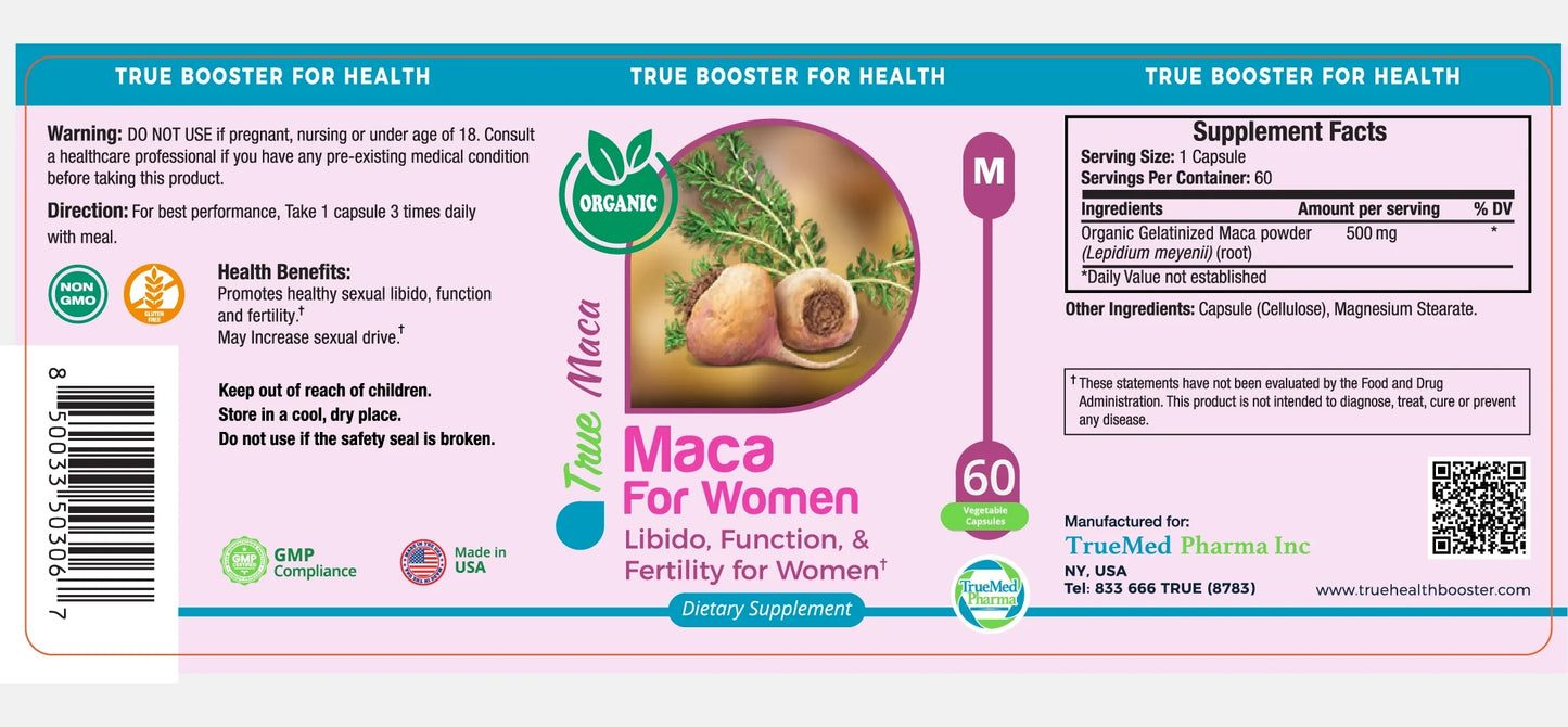 Maca for Women Libido, Function and Fertility for Female Organic Gelatinized Maca Powder Mood Support, Reproductive Health and Energy 500 Mg 60 Capsules