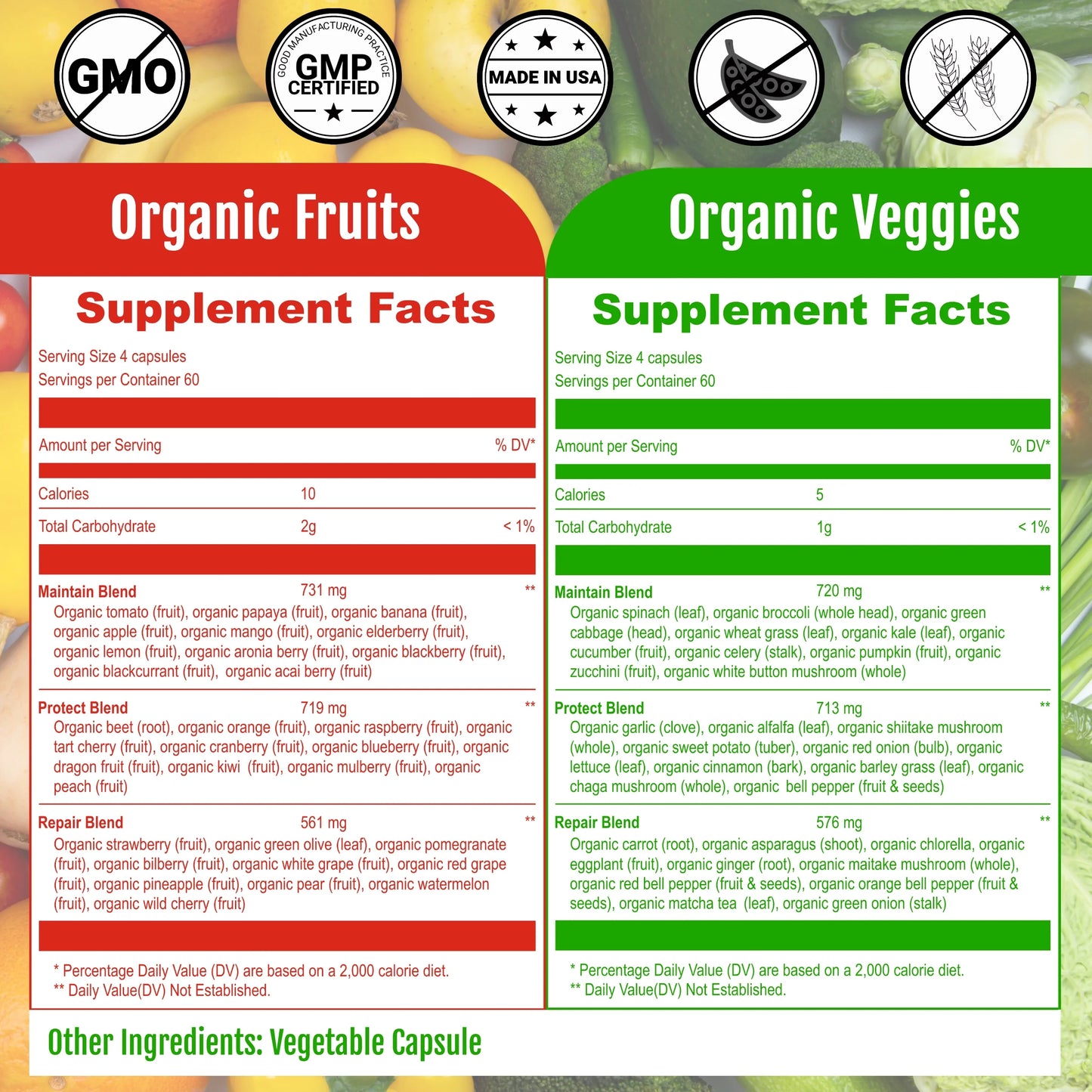 Organic Fruits and Veggies Supplement - Support Diet Balance, Body Cleanse & Energy - 480 Fruits and Super Greens Capsules from Nature - Fruit and Vegetable Supplements for Adults &