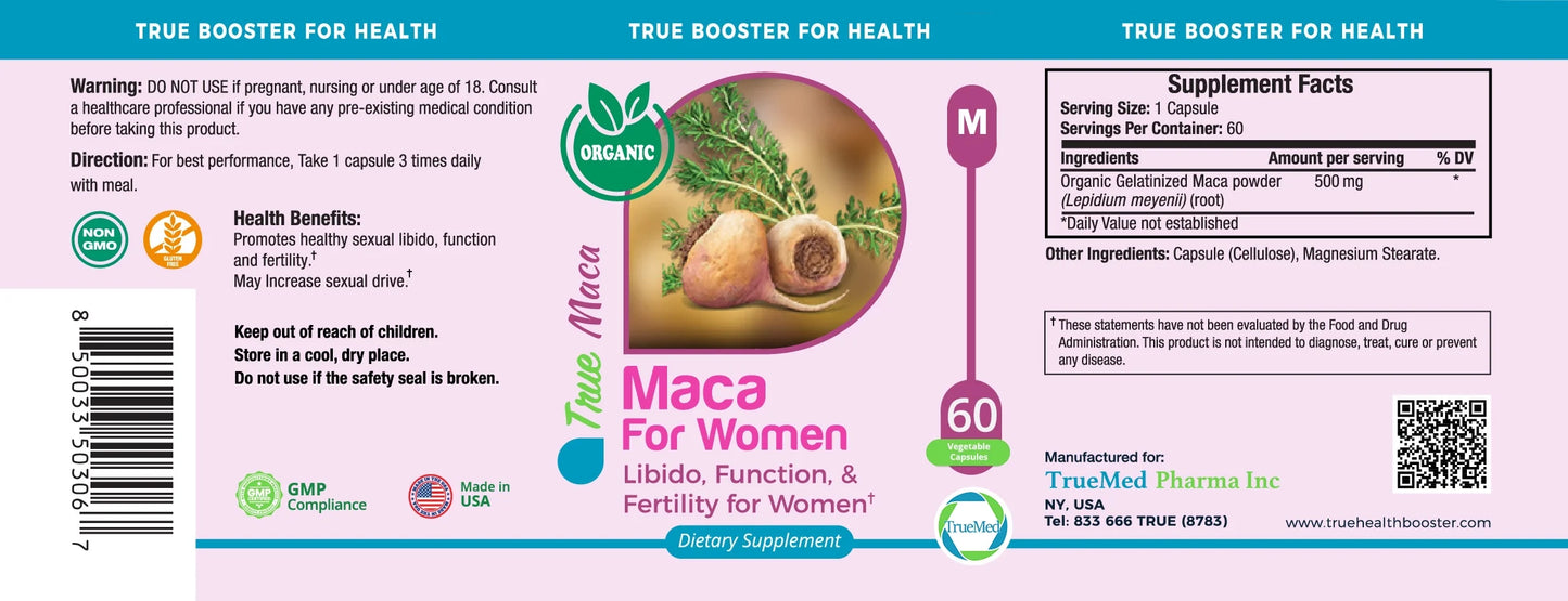Maca for Women Libido, Function and Fertility for Female Organic Gelatinized Maca Powder Mood Support, Reproductive Health and Energy 500 Mg 60 Capsules