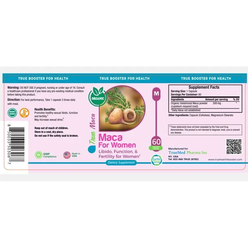 Maca for Women Libido, Function and Fertility for Female Organic Gelatinized Maca Powder Mood Support, Reproductive Health and Energy 500 Mg 60 Capsules