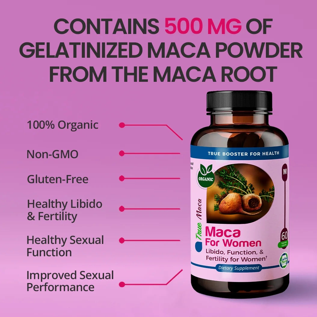 Maca for Women Libido, Function and Fertility for Female Organic Gelatinized Maca Powder Mood Support, Reproductive Health and Energy 500 Mg 60 Capsules