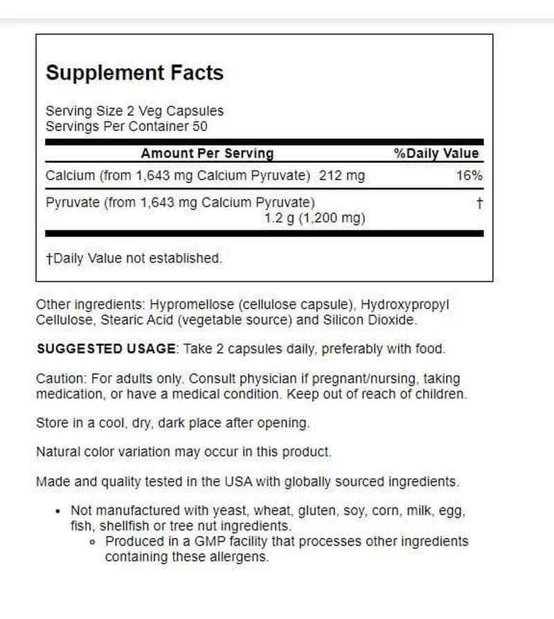 Foods Pyruvate 600 Mg 100 Veg Caps