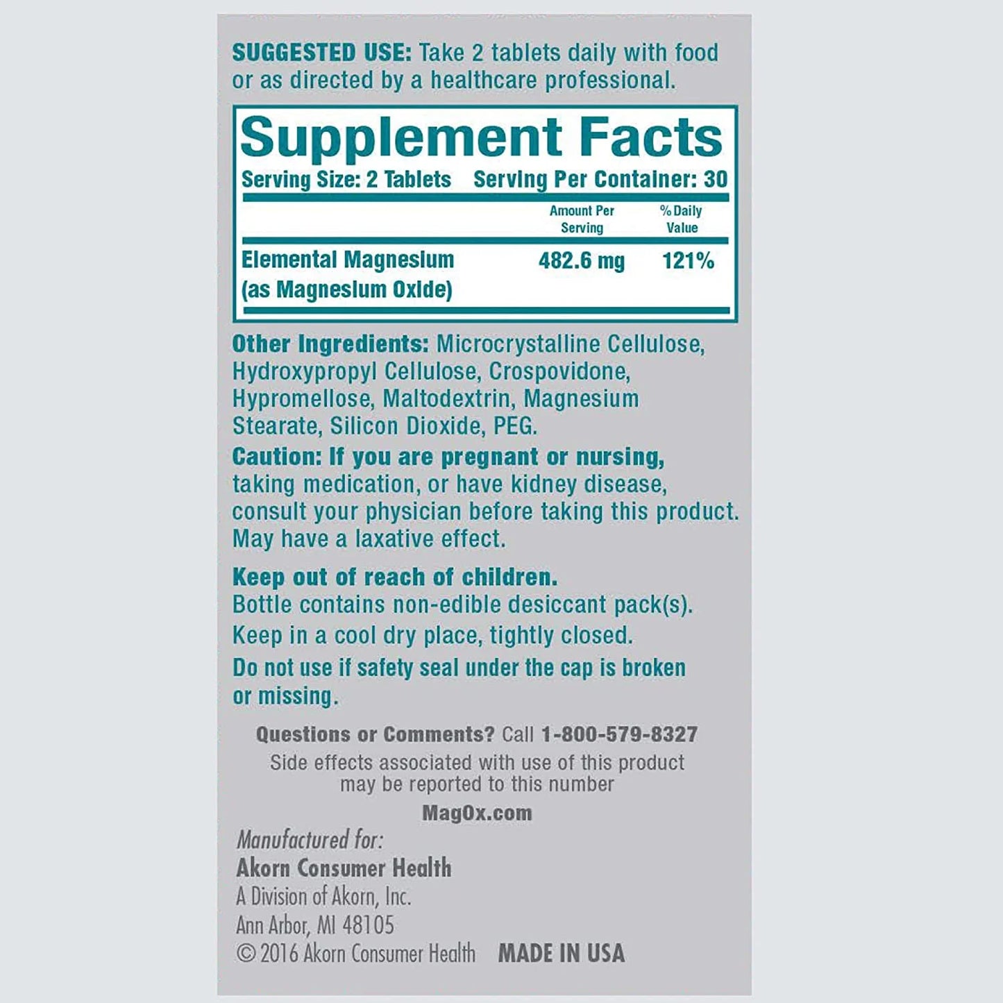 400 Magnesium Oxide Dietary Mineral Supplement Tablets 120 Count