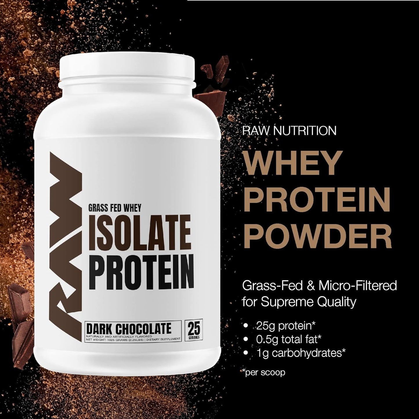 Whey Isolate Protein Powder, Dark Chocolate - 100% Grass-Fed Sports Nutrition Wh